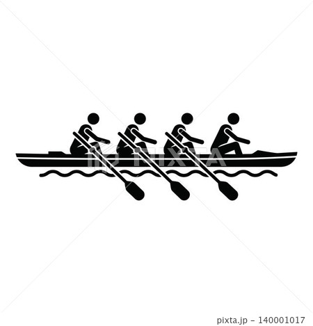 Team rowing activity icon with four people on a boat Team rowing activity icon with four people on a boat 140001017