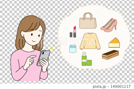 一位女士在智能手機上購物的插圖 140001217