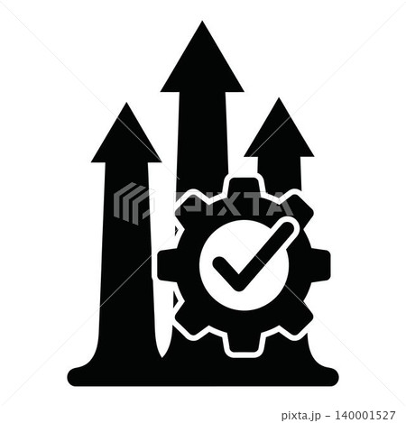 Black gear icon with checkmark and arrows on white background Black gear icon with checkmark and arrows on white background 140001527