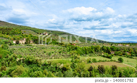 Stunning view of rolling hills with olive groves and historic buildings in Tuscany, Italy 140001792
