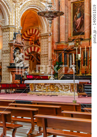 Interior of the Mezquita, or Mosque-Cathedral of Cordoba, Spain. 140001819