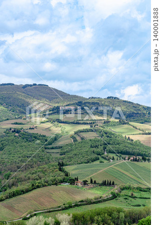 Rolling hills and lush vineyards of Tuscany under a bright cloudy sky Rolling hills and lush vineyards of Tuscany under a bright cloudy sky 140001888