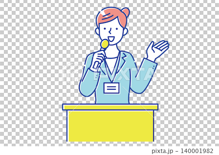 壇上に立ち、マイクを持って説明する女性講師のイラスト 壇上に立ち、マイクを持って説明する女性講師のイラスト 140001982