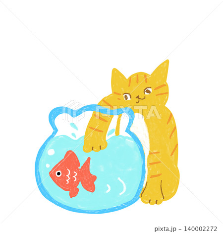 金魚鉢に手を入れる茶トラ猫　 夏の猫イラスト 140002272