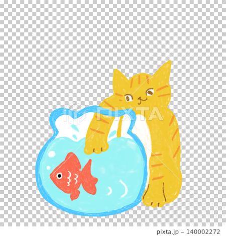 金魚鉢に手を入れる茶トラ猫　 夏の猫イラスト 140002272
