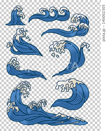 一組日式手繪波浪插圖。 一組日式手繪波浪插圖。 140002305