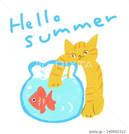 金魚鉢に手を入れる茶トラ猫　 Hello summer夏の猫イラスト 140002312