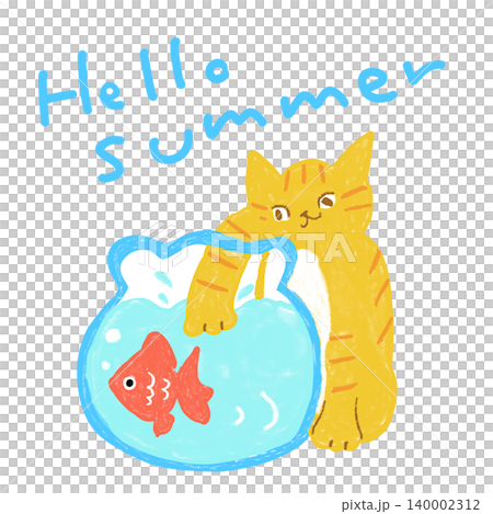 金魚鉢に手を入れる茶トラ猫　 Hello summer夏の猫イラスト 140002312