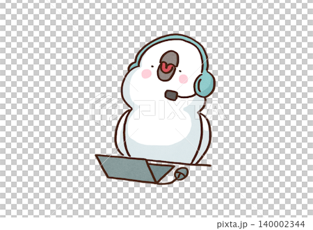 A parrot answering phone calls using a laptop and headset (following a manual). 140002344