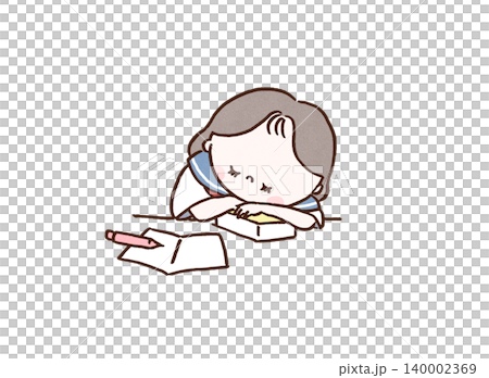 一名高中女生因為複習考試而筋疲力盡，趴在桌上睡著了，枕著一本厚厚的課本。 140002369
