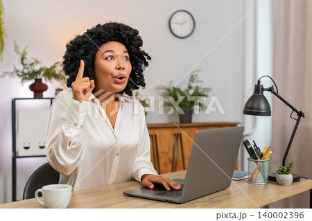 African American businesswoman lifts finger excited Eureka gesture finding solution big idea victory African American businesswoman lifts finger excited Eureka gesture finding solution big idea victory 140002396