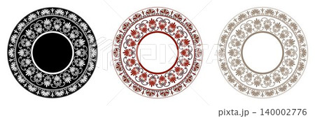 Collection of decorative round frames for design with Greek key, meander. Egyptian, Assyrian, Greek motif circular frame. Circle frame. Ceramic plates set with floral motifs. For engraving, embroidery Collection of decorative round frames for design with Greek key, meander. Egyptian, Assyrian, Greek motif circular frame. Circle frame. Ceramic plates set with floral motifs. For engraving, embroidery 140002776