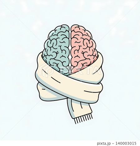 Illustration of a human brain wrapped in a scarf, symbolizing mental health, self-care, and the importance of protecting one's mind. Illustration of a human brain wrapped in a scarf, symbolizing mental health, self-care, and the importance of protecting one's mind. 140003015