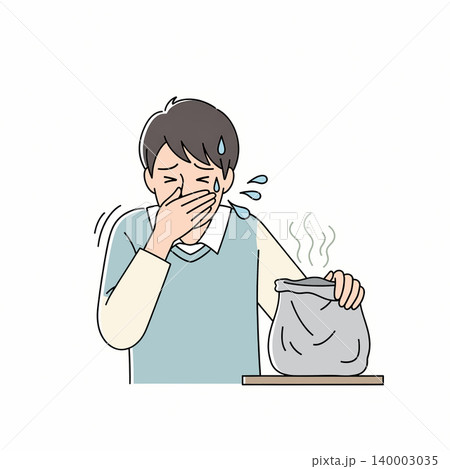 A man is holding his nose and reacting to a foul odor coming from a garbage bag. He is sweating and looks disgusted. A man is holding his nose and reacting to a foul odor coming from a garbage bag. He is sweating and looks disgusted. 140003035