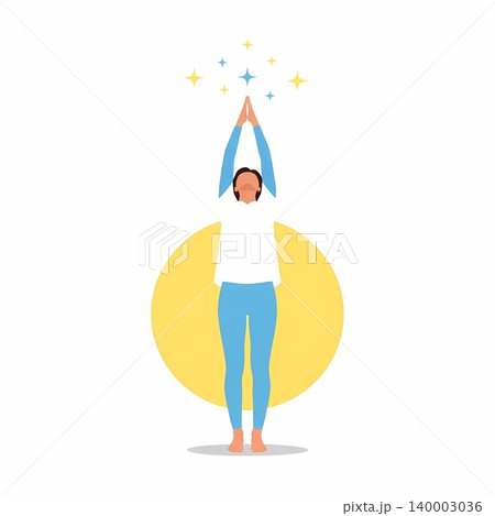 Illustration of a woman in mountain pose, arms raised reaching for stars, set against a yellow circle, symbolizing wellness and aspiration. Illustration of a woman in mountain pose, arms raised reaching for stars, set against a yellow circle, symbolizing wellness and aspiration. 140003036