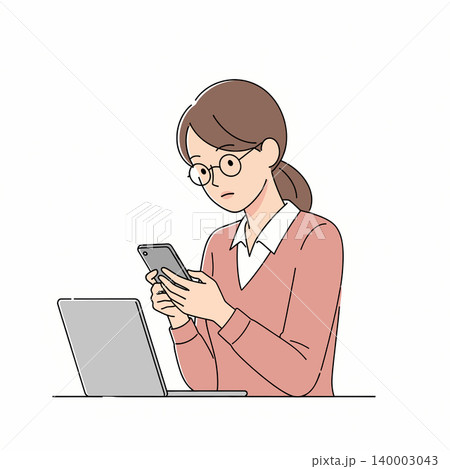 A woman wearing glasses is intently focused on her smartphone while working near a laptop, showcasing modern work life and technology use. A woman wearing glasses is intently focused on her smartphone while working near a laptop, showcasing modern work life and technology use. 140003043
