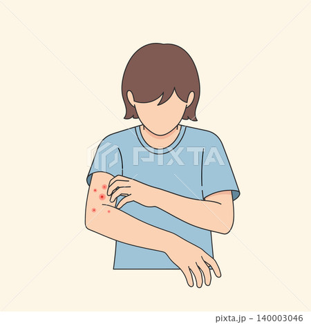 Illustration of a person scratching their arm, which is covered in a rash, indicating skin irritation or a health condition requiring attention. 140003046