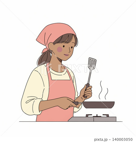 Illustration of a woman wearing an apron and headscarf, cooking with a spatula in a pan on a stove, showcasing a domestic kitchen scene. Illustration of a woman wearing an apron and headscarf, cooking with a spatula in a pan on a stove, showcasing a domestic kitchen scene. 140003050