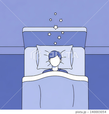 Illustration of a person lying in bed under the covers with stars floating above, representing sleep or dreams. Illustration of a person lying in bed under the covers with stars floating above, representing sleep or dreams. 140003054