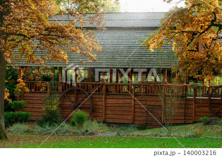 wooden log barn house rustic building mill in autumn wood land wooden log barn house rustic building mill in autumn wood land 140003216