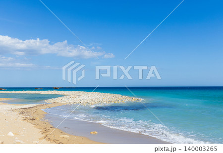 Idyllic summer panorama of a tranquil sandy beach with turquoise sea and clear blue sky Idyllic summer panorama of a tranquil sandy beach with turquoise sea and clear blue sky 140003265