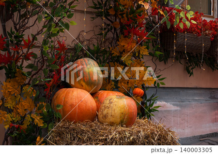 Autumn harvest display with pumpkins and fall foliage on a porch Autumn harvest display with pumpkins and fall foliage on a porch 140003305