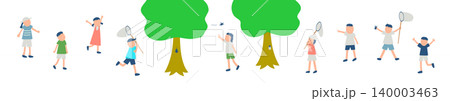 夏に昆虫を捕まえる子供たちのイラストセット 140003463