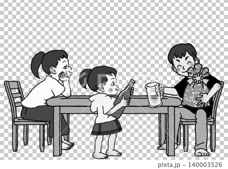 父の日の家族団らん、お父さんにお酒を注いであげる女の子。モノクロ 父の日の家族団らん、お父さんにお酒を注いであげる女の子。モノクロ 140003526