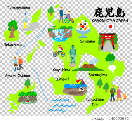 鹿兒島縣旅遊:手繪旅遊景點和遊客的平面插圖 鹿兒島縣旅遊:手繪旅遊景點和遊客的平面插圖 140003686