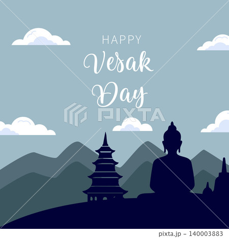 Happy Vesak Day Greeting Card with Buddha Temple Mountain Landscape Vector Illustration 140003883