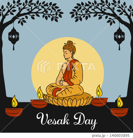 Vesak Day Greeting Buddha Meditation with Candles and Silhouette Trees Illustration Vesak Day Greeting Buddha Meditation with Candles and Silhouette Trees Illustration 140003895