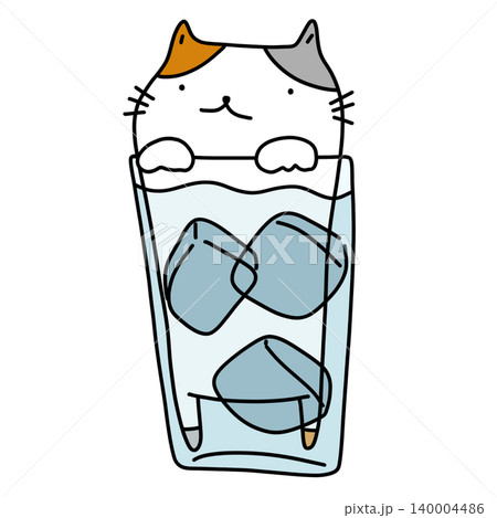 hand drawn illustration of a cute white cat in a glass of water hand drawn illustration of a cute white cat in a glass of water 140004486
