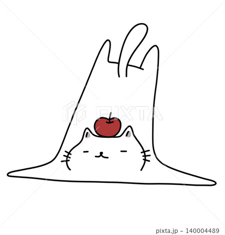 hand drawn illustration of a cute white cat is lying down with a red apple hand drawn illustration of a cute white cat is lying down with a red apple 140004489