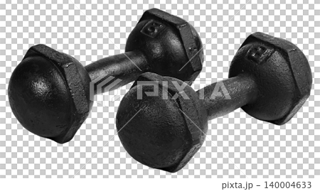 A pair of heavy black cast iron dumbbells with a vintage design and hexagonal edges isolated. Perfect for fitness, weightlifting, and bodybuilding themes. A pair of heavy black cast iron dumbbells with a vintage design and hexagonal edges isolated. Perfect for fitness, weightlifting, and bodybuilding themes. 140004633