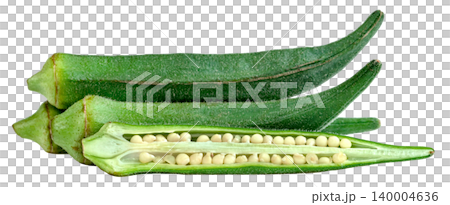 Fresh green okra pods isolated. One pod is sliced open lengthwise to reveal the internal seeds. High quality vegetable image for culinary and healthy eating concepts. Fresh green okra pods isolated. One pod is sliced open lengthwise to reveal the internal seeds. High quality vegetable image for culinary and healthy eating concepts. 140004636
