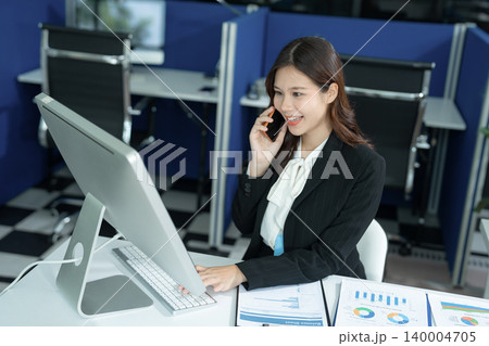 Businesswoman recording phone inquiry with checkboxes survey, doing assessment online survey answer test questions Digital form. 140004705