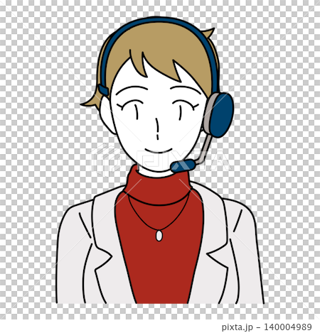 Illustration of a woman wearing a headset while working from home or participating in a web conference. Illustration of a woman wearing a headset while working from home or participating in a web conference. 140004989