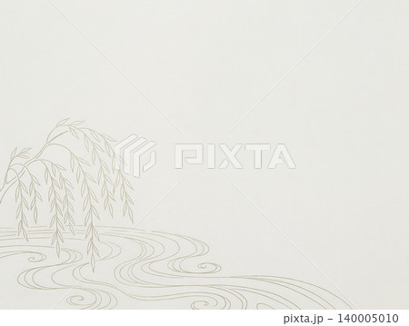 繊細な金色の線で描かれた柳と流水の美しい和風背景イラスト 140005010
