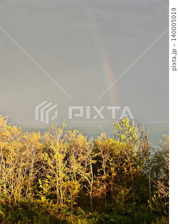 A faint rainbow appearing in the moody sky over sunlit autumn trees near the sea after a storm. 140005019