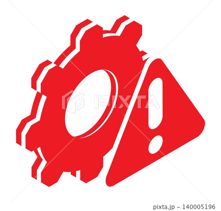 Isometric red exclamation mark against the background of a mechanical gear of dangerous industrial equipment. Isolated cartoon vector on white back top view 140005196