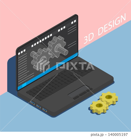 Isometric workplace of a 3D designer engineer, designer of complex industrial systems and equipment. Cartoon 3D vector on blue background 140005197