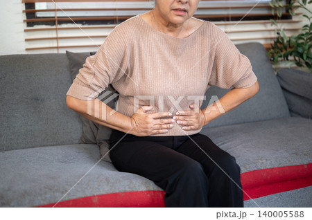 Close up elderly old asian woman grandma holding stomach feeling ache pain sitting on sofa at home. Close up elderly old asian woman grandma holding stomach feeling ache pain sitting on sofa at home. 140005588
