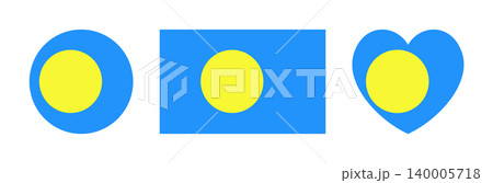 Palau flag circle, rectangle, heart badge, sticker, background. Circular symbol. Set of round, rectangular, heart button, banner, icon. National signs. 140005718
