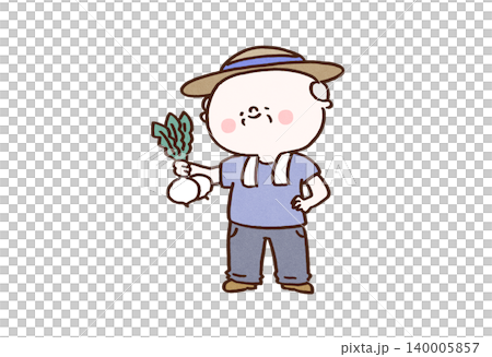 A senior man wearing a straw hat and holding a magnificent turnip in his hand, looking delighted (home gardening/farming). A senior man wearing a straw hat and holding a magnificent turnip in his hand, looking delighted (home gardening/farming). 140005857