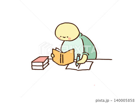 机に向かい本を読みながらノートをとる勉強熱心な亀（学習・コツコツ） 140005858