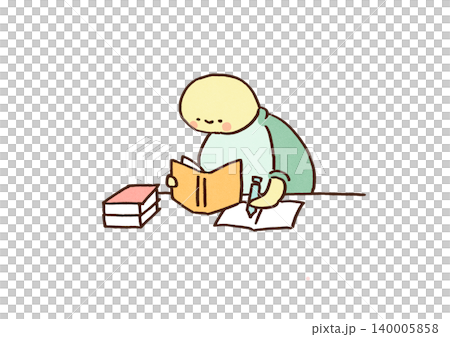 机に向かい本を読みながらノートをとる勉強熱心な亀（学習・コツコツ） 140005858