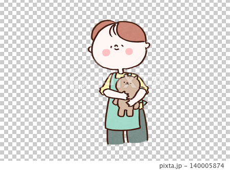 エプロン姿でクマのぬいぐるみを抱える優しい男性保育士(育児・幼児教育) エプロン姿でクマのぬいぐるみを抱える優しい男性保育士(育児・幼児教育) 140005874