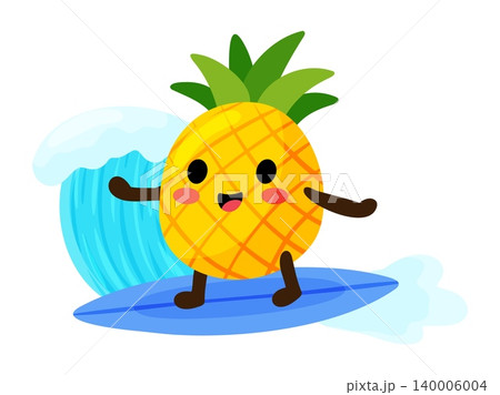 Cute Pineapple Character Surfing on Ocean Wave Cute Pineapple Character Surfing on Ocean Wave 140006004