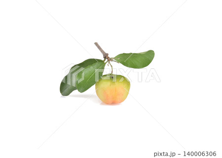 Acerola small cherry fruit with leaf isolated on white background. Acerola small cherry fruit with leaf isolated on white background. 140006306