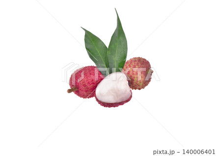 Lychee with leaves isolated on white background. 140006401